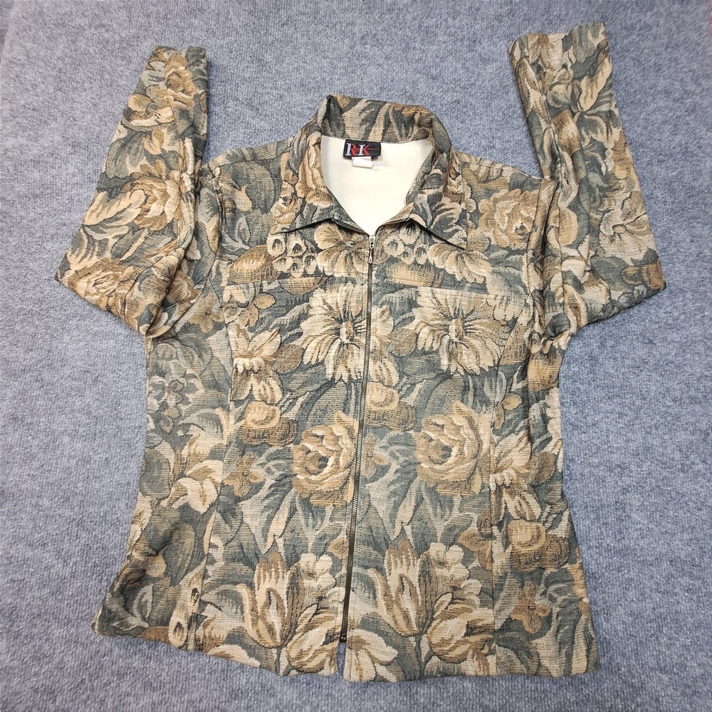 R&K Originals Womens Floral Tapestry Zip Up Jacket Green Tan‎ Brown Size 12